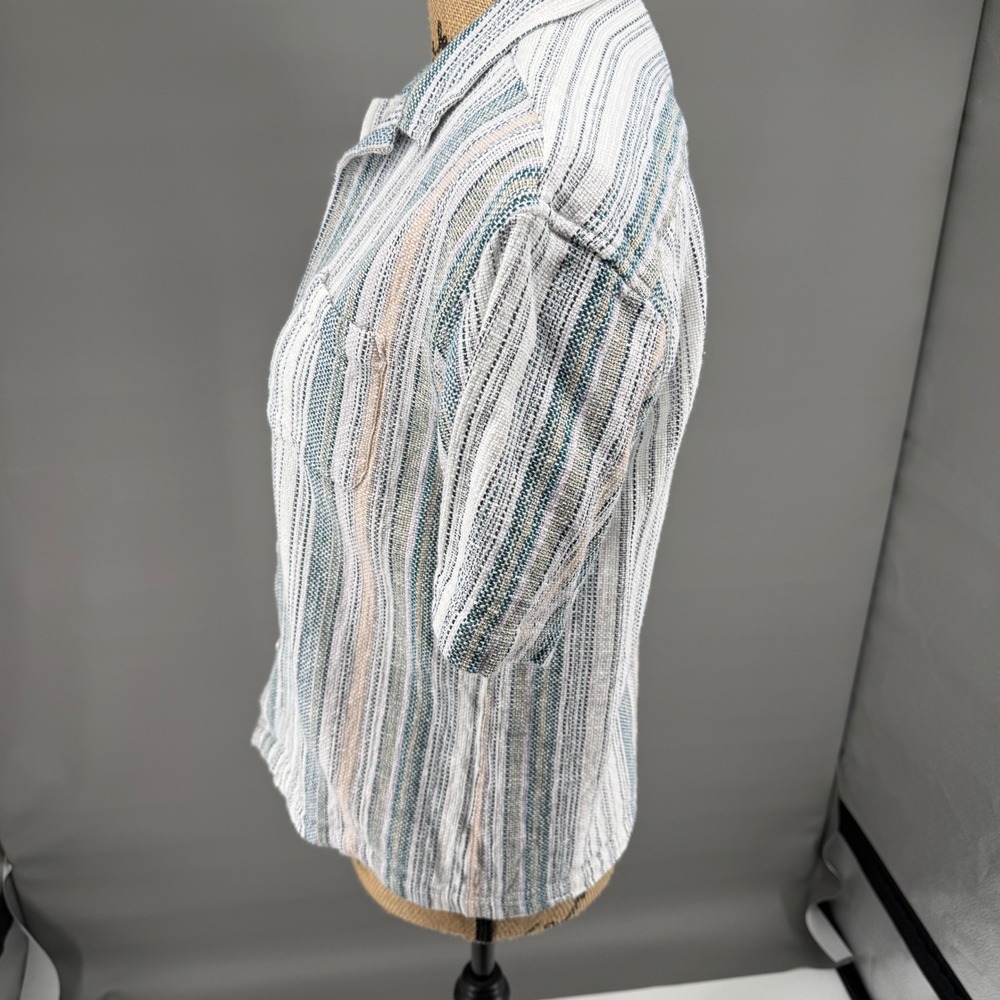 Woven Button Up Camp Shirt Women M Striped Short Sleeve Cotton Coastal Beach - Picture 2 of 9